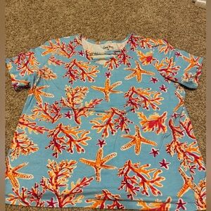 Coral Bay Sz XL Boat Neck T-Shirt Top Bright Star Fish and Coral